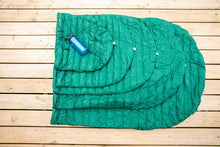 Shows all sizes of sleeping bags spread out with nalgene water bottle for size comparison